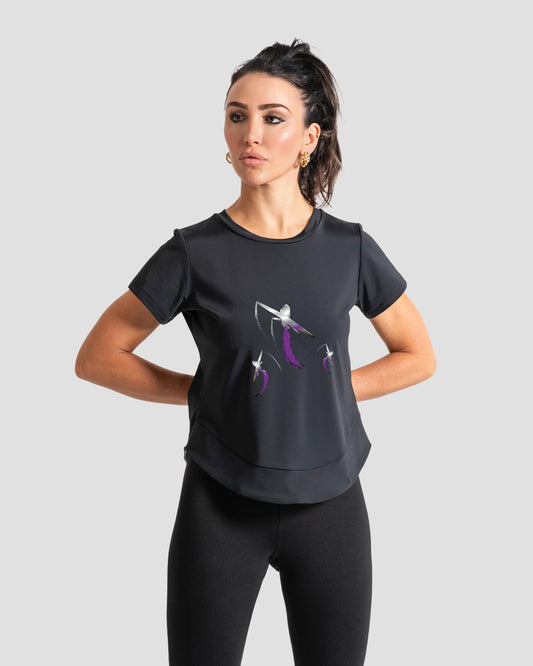 GoofyPRO Cayton Core Performance Tshirt in black with short sleeves. A graphic on front of three silver planes with purple trailing jet stream. 