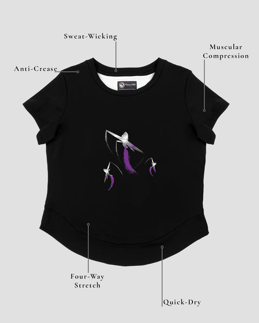 GoofyPRO Cayton Core Performance Tshirt in black with short sleeves. A graphic on front of three silver planes with purple trailing jet stream. Design elements of fabric.