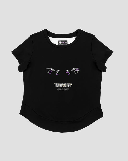 GoofyPRO Cayton Performance Tshirt in black with short sleeves. A graphic on rear of two eyes with TENACITY It's in the Eyes in white, purple, silver and flecks of gold. 