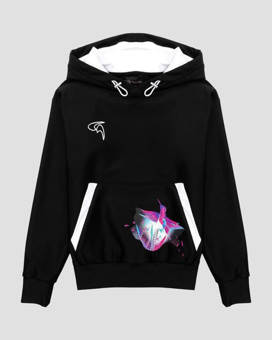 GoofyPRO Cayton XTR Black Hoodie front with Pocket graphic of colourful Hummingbird flying from silver ladder. Name 'Perch Or Fly' in white.