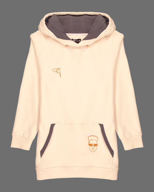 GoofyPRO Daymer Fleece-Hoodie in cream, front with Embroidery design on Pocket of 3 faces. Rose gold Embroidered Logo on chest.