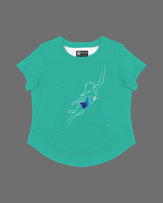 GoofyPRO Cayton Core Performance Tshirt in Caraibi Green with short sleeves. A graphic of swimmer with bubbles in aqua colouring.