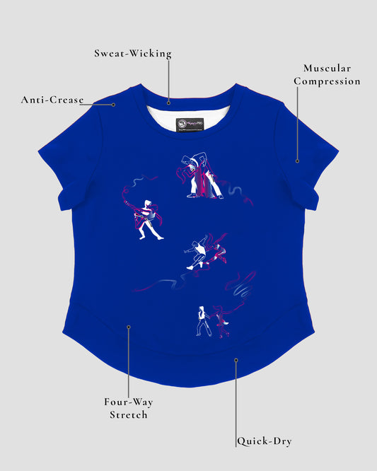 GoofyPRO Cayton Core Performance Tshirt in harbour blue with short sleeves. A graphic of 4 pairs of dancers with colourful trails. Design elements of the T-shirt showing.