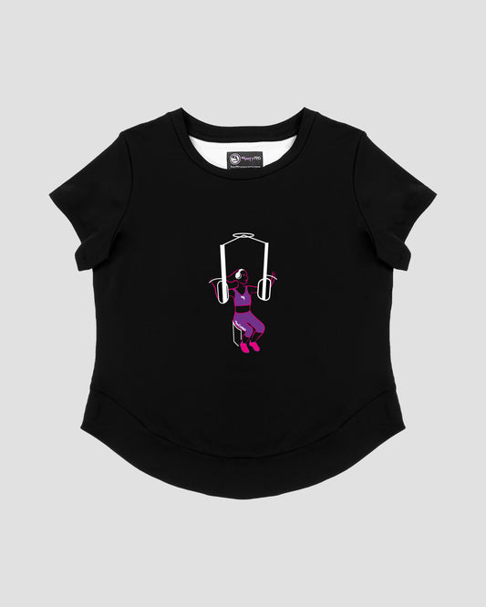 GoofyPRO Cayton Core Performance Tshirt in black with short sleeves. A graphic of a female using arm weight machine.