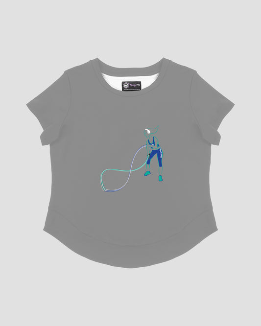 GoofyPRO Cayton Core Performance Tshirt in cloud grey with short sleeves. A graphic of a female using battleropes.