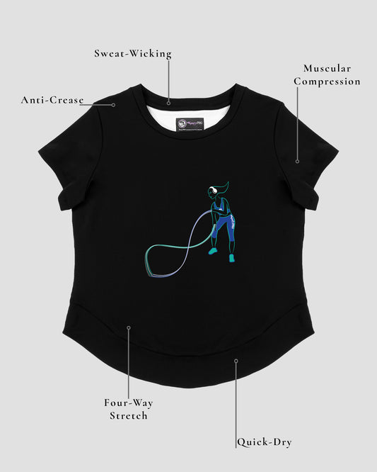 GoofyPRO Cayton Core Performance Tshirt in black with short sleeves. A graphic of a female using battleropes. Design elements of the T-shirt showing.