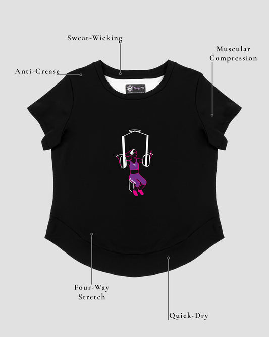 GoofyPRO Cayton Core Performance Tshirt in black with short sleeves. A graphic of a female using arm weight machine. Design elements of the T-shirt showing.