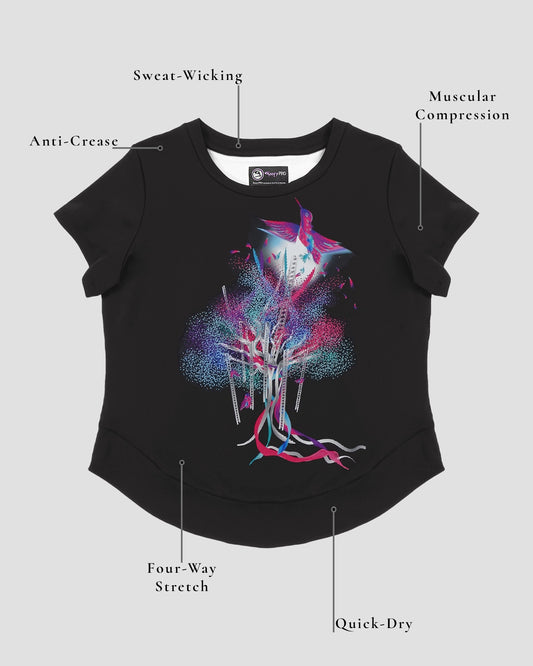 GoofyPRO Cayton Core Performance Tshirt in liquorice with short sleeves. A graphic of a colourful bird flying out of a colourful tree with ribbons. Design elements of the T-shirt showing.