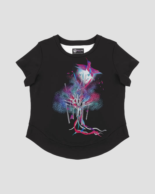 GoofyPRO Cayton Core Performance Tshirt in liquorice with short sleeves. A graphic of a colourful bird flying out of a colourful tree with ribbons.