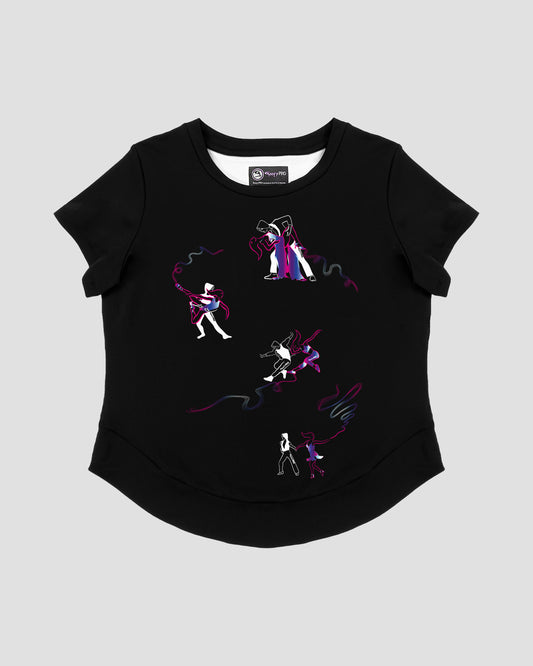 GoofyPRO Cayton Core Performance Tshirt in black with short sleeves. A graphic of 4 pairs of dancers with colourful trails.