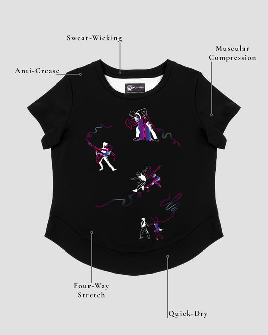 GoofyPRO Cayton Core Performance Tshirt in black with short sleeves. A graphic of 4 pairs of dancers with colourful trails. Design elements of the T-shirt showing.