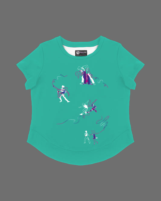 GoofyPRO Cayton Core Performance Tshirt in caraibi green with short sleeves. A graphic of 4 pairs of dancers with colourful trails.