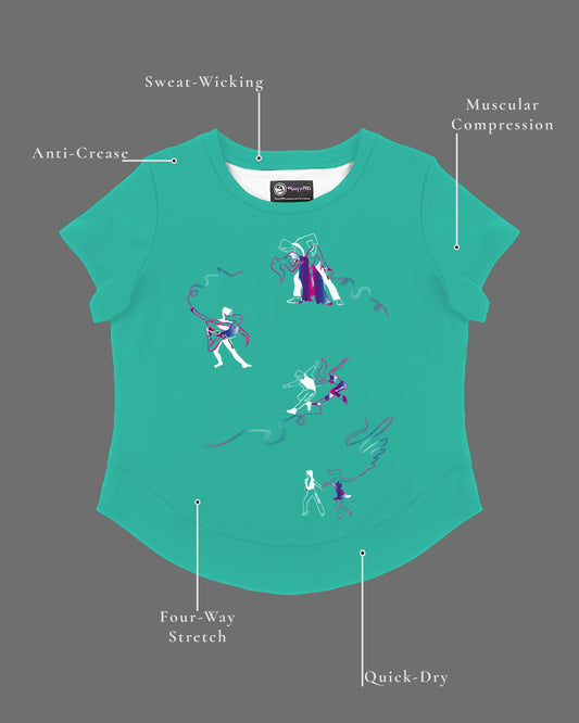 GoofyPRO Cayton Core Performance Tshirt in caraibi green with short sleeves. A graphic of 4 pairs of dancers with colourful trails. Design elements of the T-shirt showing.