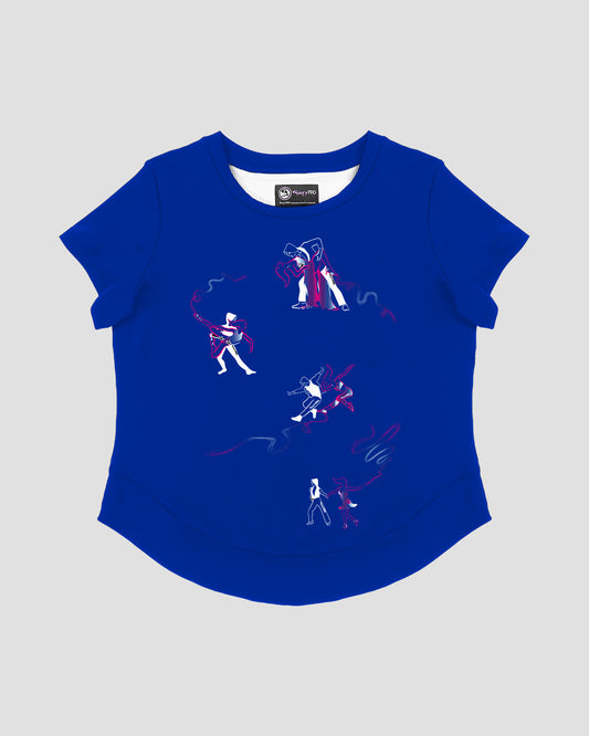 GoofyPRO Cayton Core Performance Tshirt in harbour blue with short sleeves. A graphic of 4 pairs of dancers with colourful trails.