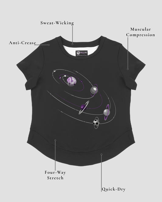 GoofyPRO Cayton Core Performance Tshirt in titanium with short sleeves. A graphic of space with various ball sports. Design elements of the T-shirt showing.