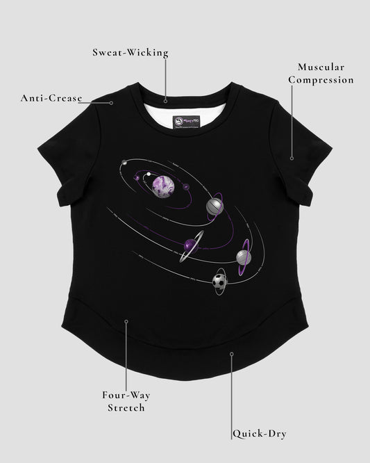 GoofyPRO Cayton Core Performance Tshirt in black with short sleeves. A graphic of space with various ball sports. Design elements of the T-shirt showing.