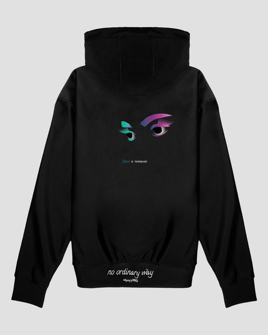 GoofyPRO Cayton XTR Black Hoodie rear graphic, pink and blue eyes with words 'Fear Is Temporary'.