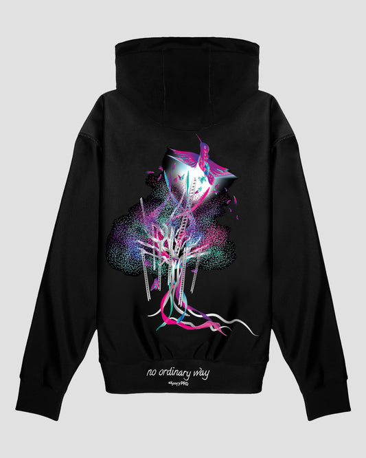 GoofyPRO Cayton XTR Black Hoodie rear graphic of colourful tree with hummingbird flying free.