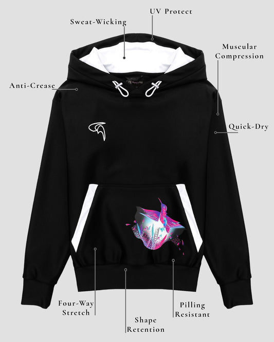 GoofyPRO XTR black Hoodie front picture with technical element descriptions