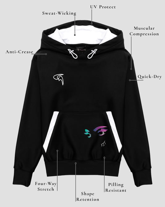 GoofyPRO XTR black Hoodie front picture with technical element descriptions