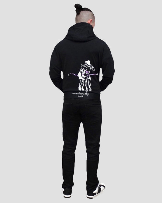 GoofyPRO Cayton Core Hoodie in black. With water based graphic design of GoofyPRO man supporting GoofyPRO woman in a race. Embroidered- no ordinary way.